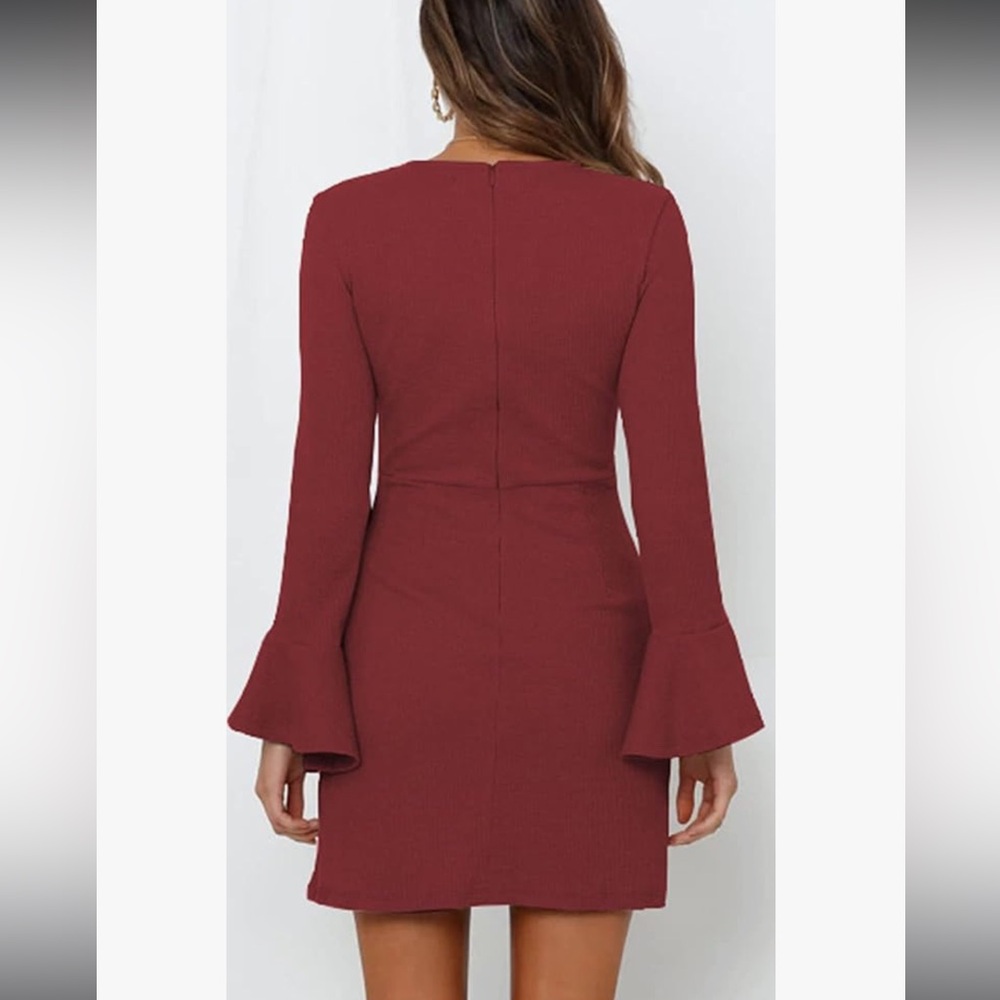Wrap Tie‎ Waist Long Bell Sleeve Mini Elegant Burgundy Size Large dress - Picture 5 of 11